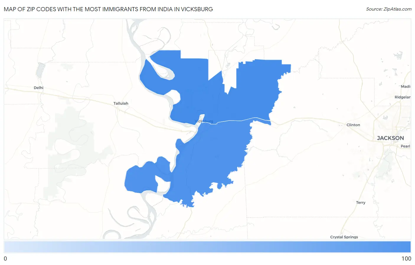 Zip Codes with the Most Immigrants from India in Vicksburg Map