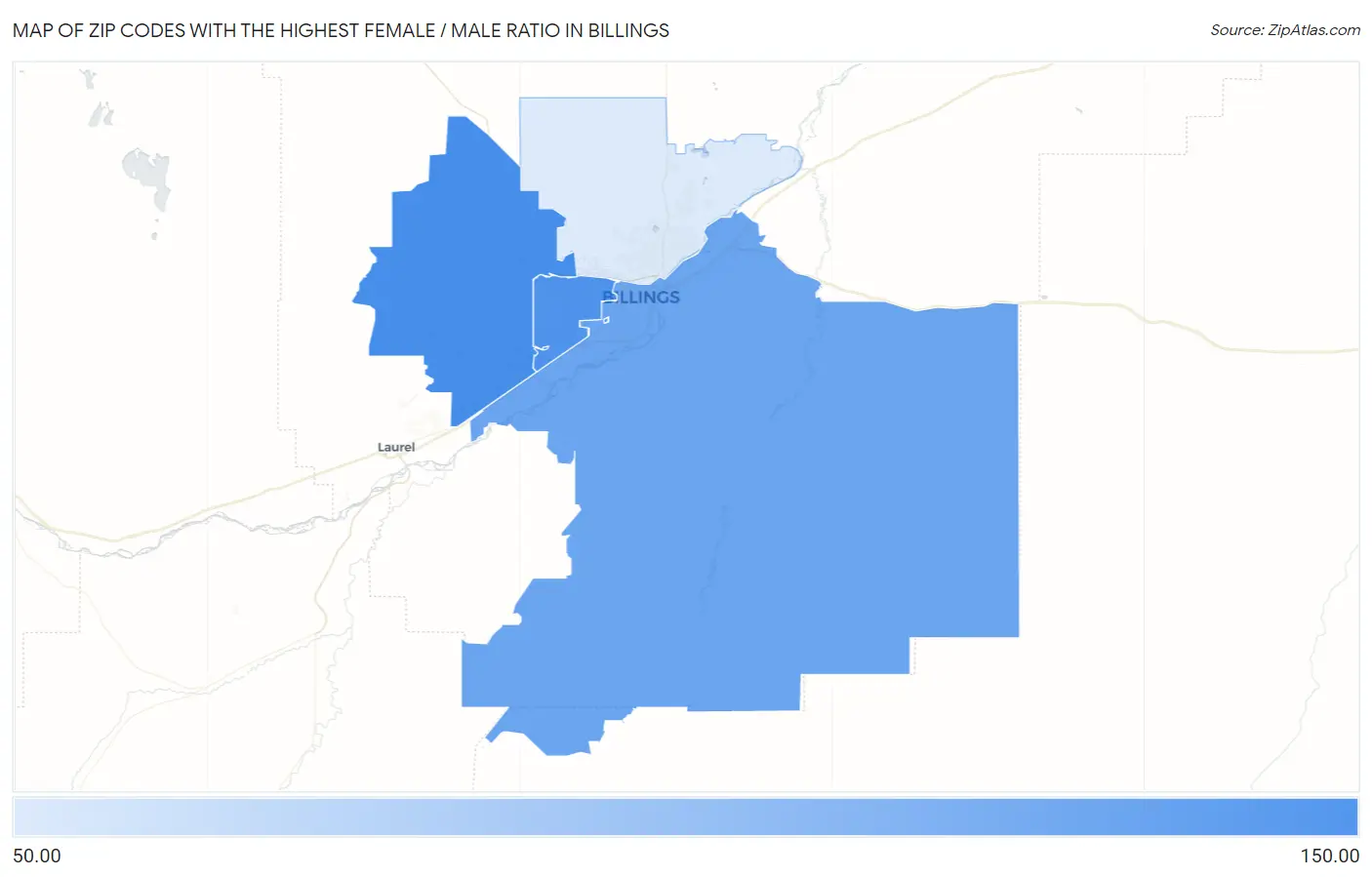 Zip Codes with the Highest Female / Male Ratio in Billings Map
