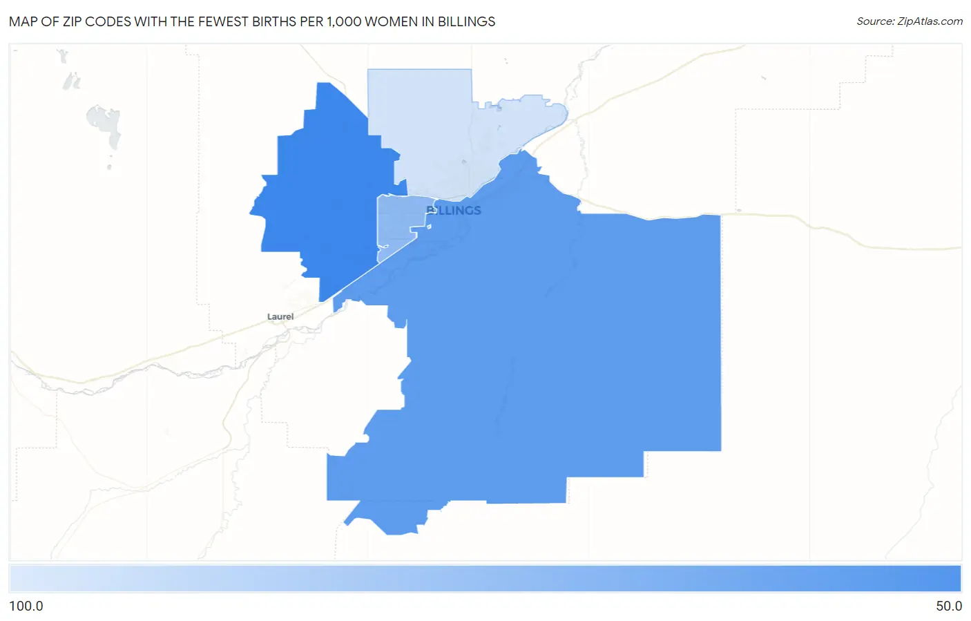 Zip Codes with the Fewest Births per 1,000 Women in Billings Map