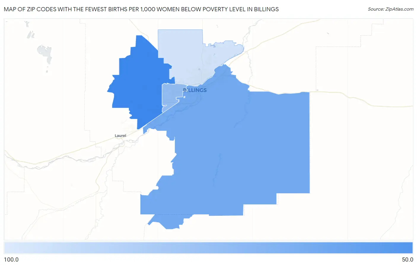 Zip Codes with the Fewest Births per 1,000 Women Below Poverty Level in Billings Map