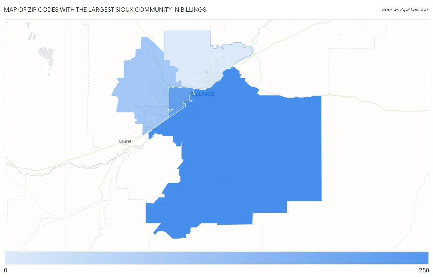 Zip Codes with the Largest Sioux Community in Billings Map