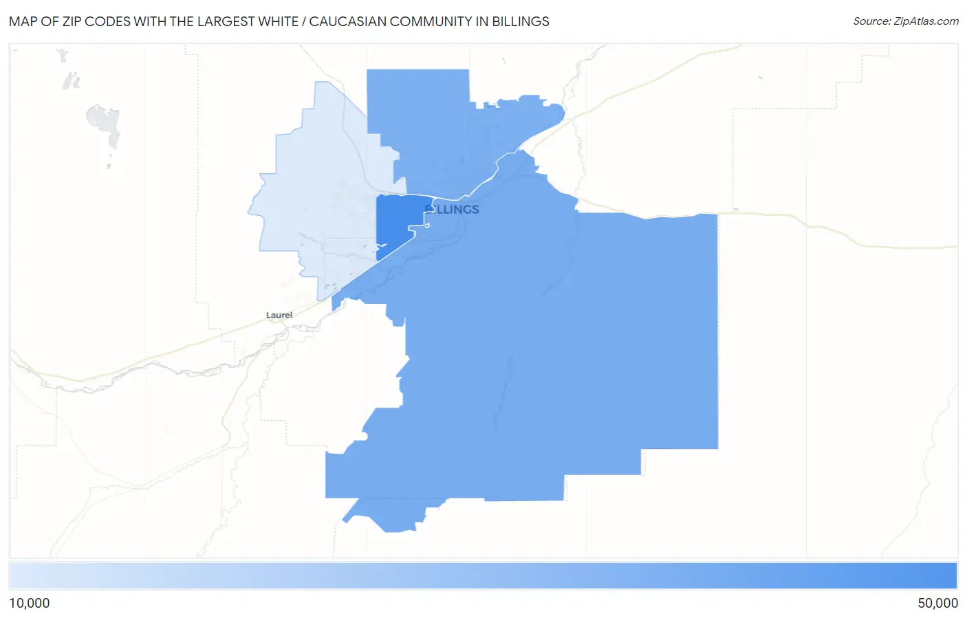 Zip Codes with the Largest White / Caucasian Community in Billings Map