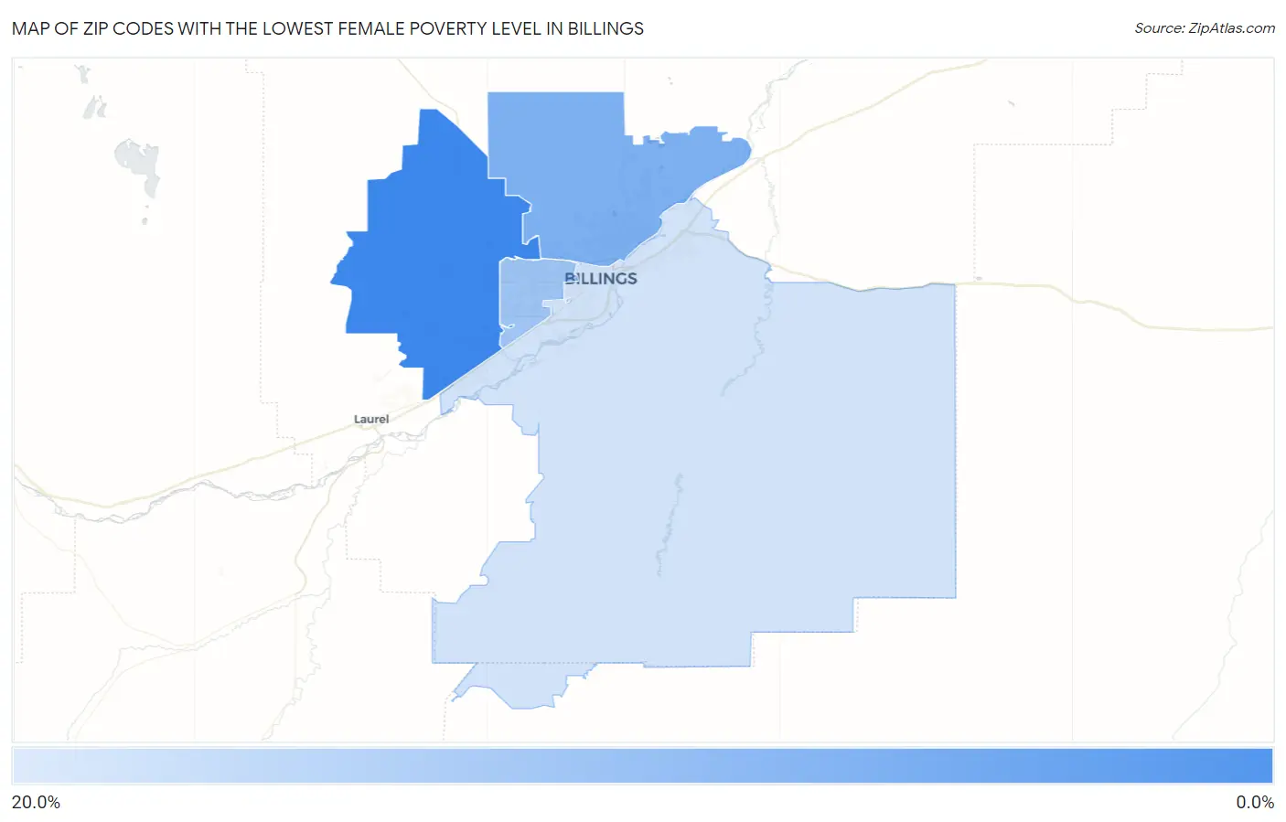 Zip Codes with the Lowest Female Poverty Level in Billings Map