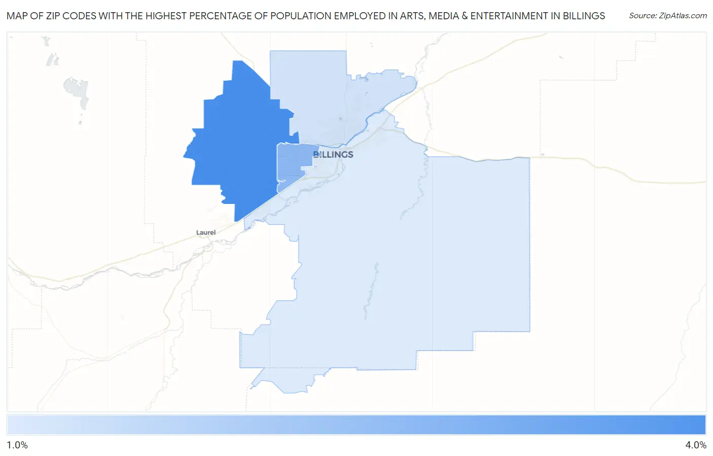 Zip Codes with the Highest Percentage of Population Employed in Arts, Media & Entertainment in Billings Map