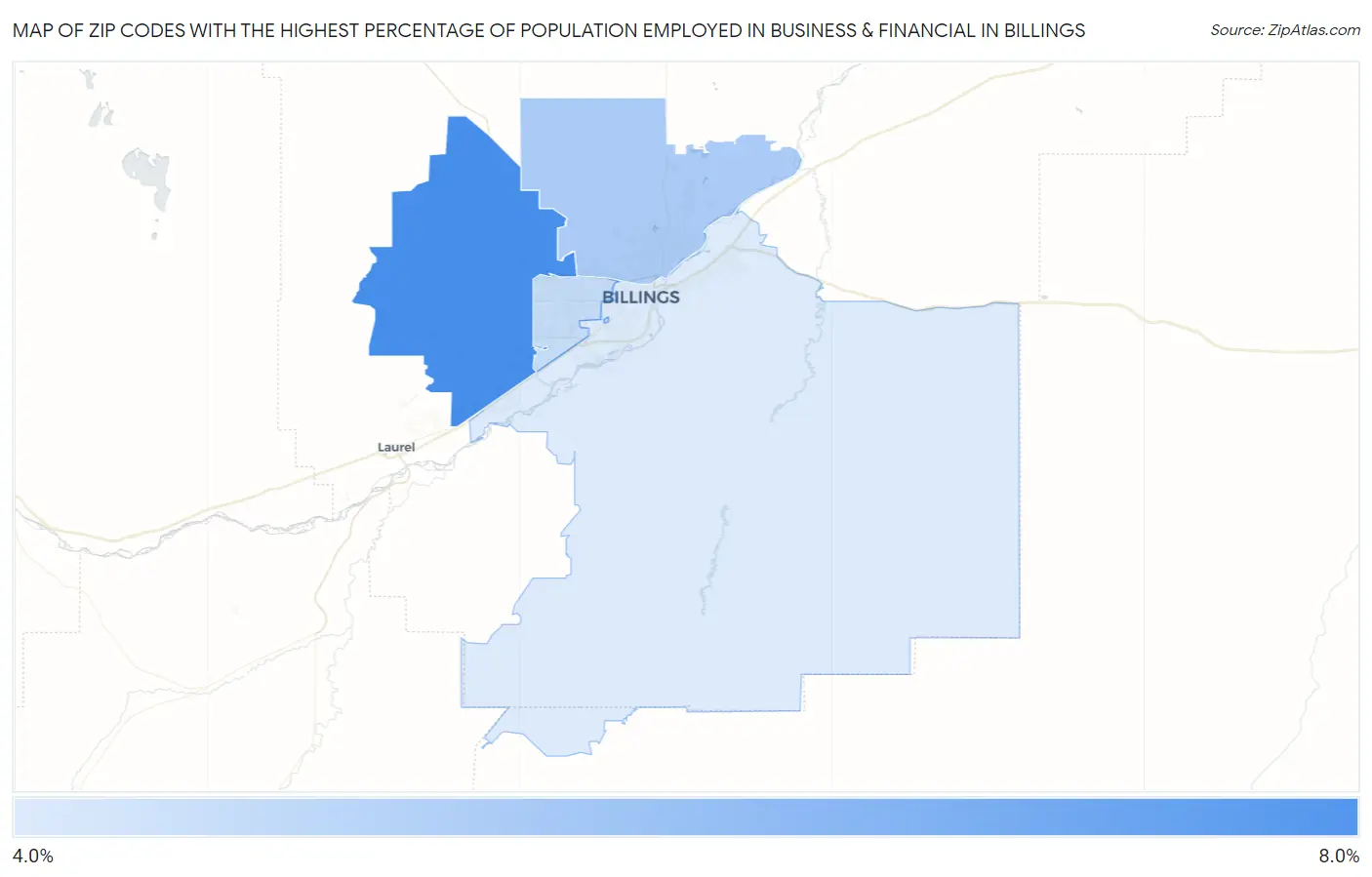 Zip Codes with the Highest Percentage of Population Employed in Business & Financial in Billings Map