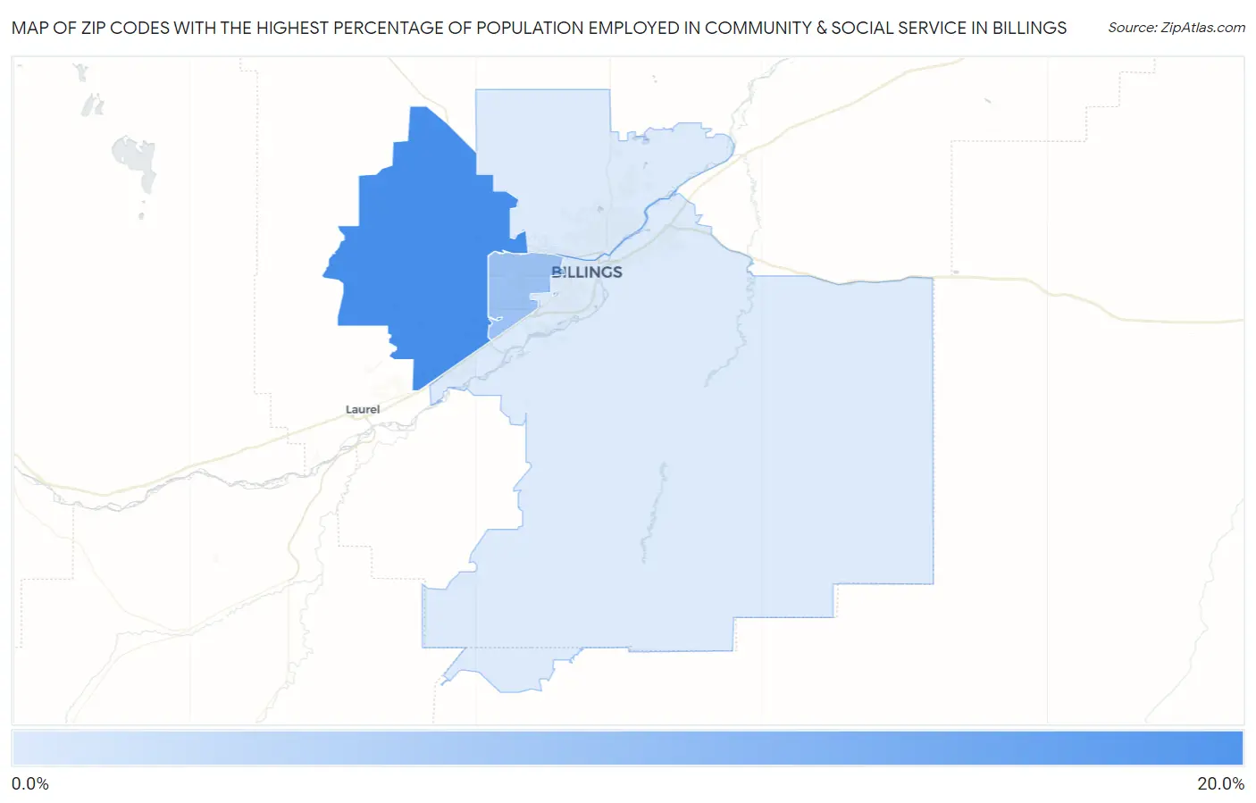 Zip Codes with the Highest Percentage of Population Employed in Community & Social Service  in Billings Map