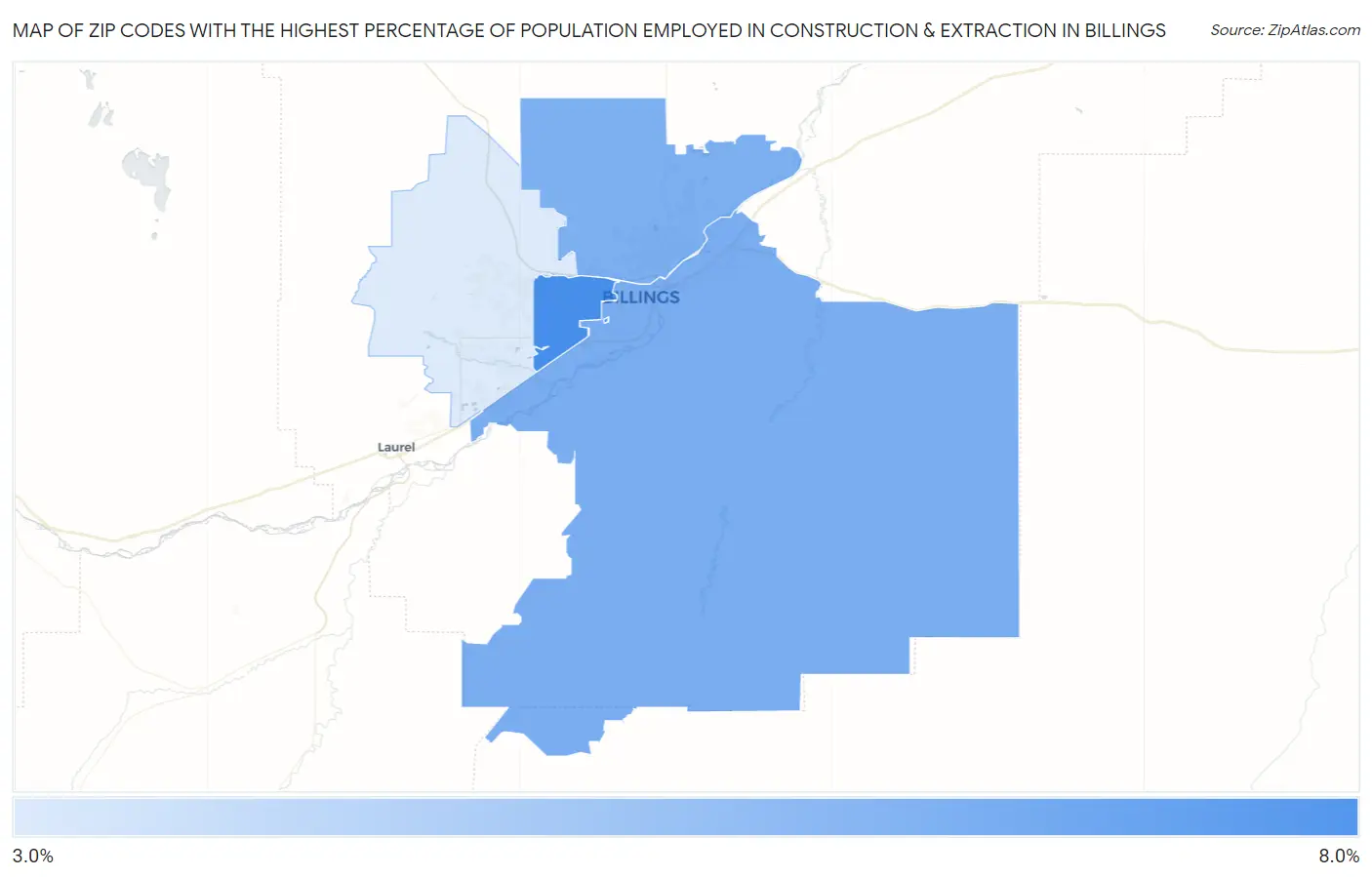 Zip Codes with the Highest Percentage of Population Employed in Construction & Extraction in Billings Map