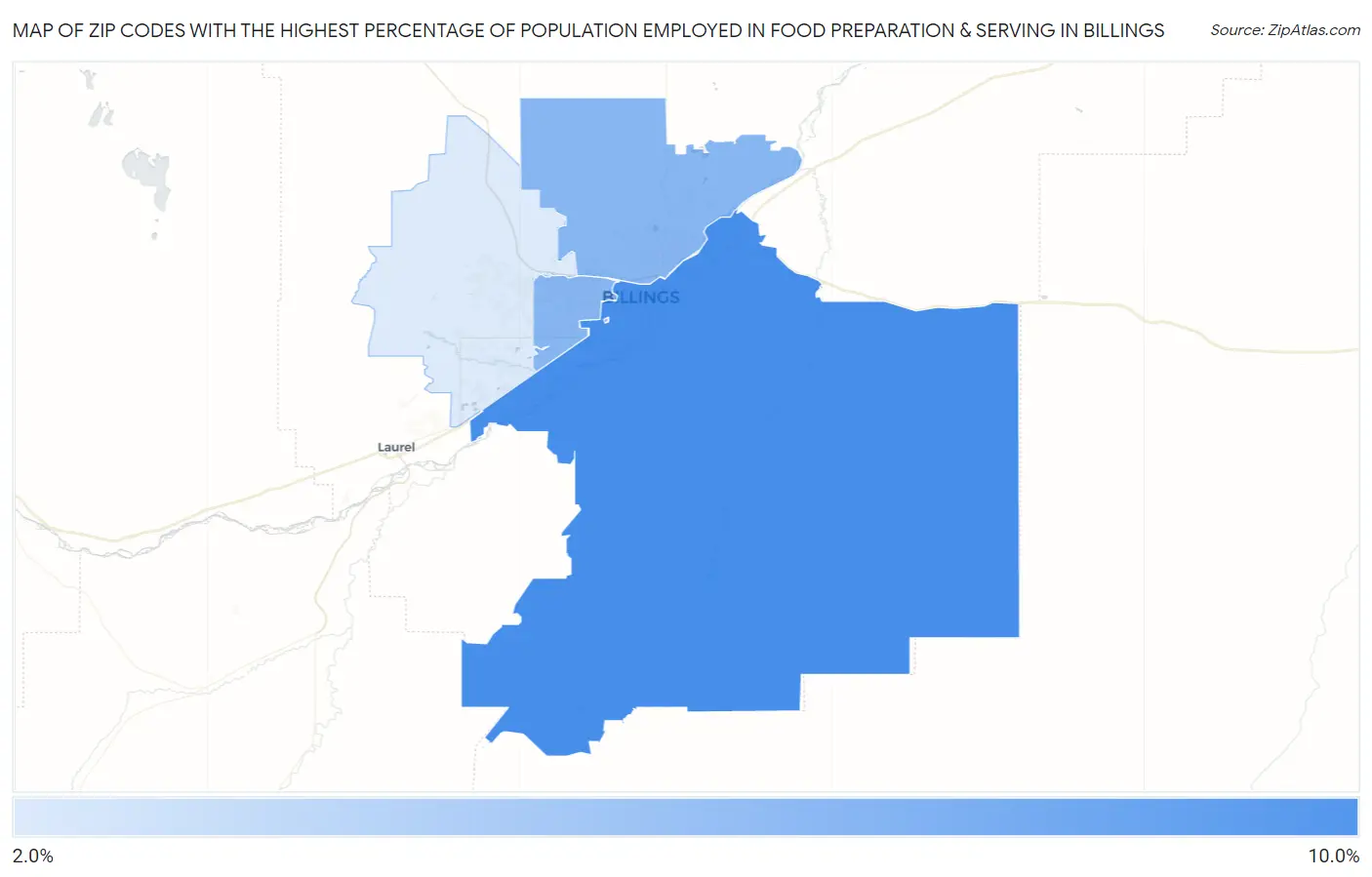 Zip Codes with the Highest Percentage of Population Employed in Food Preparation & Serving in Billings Map