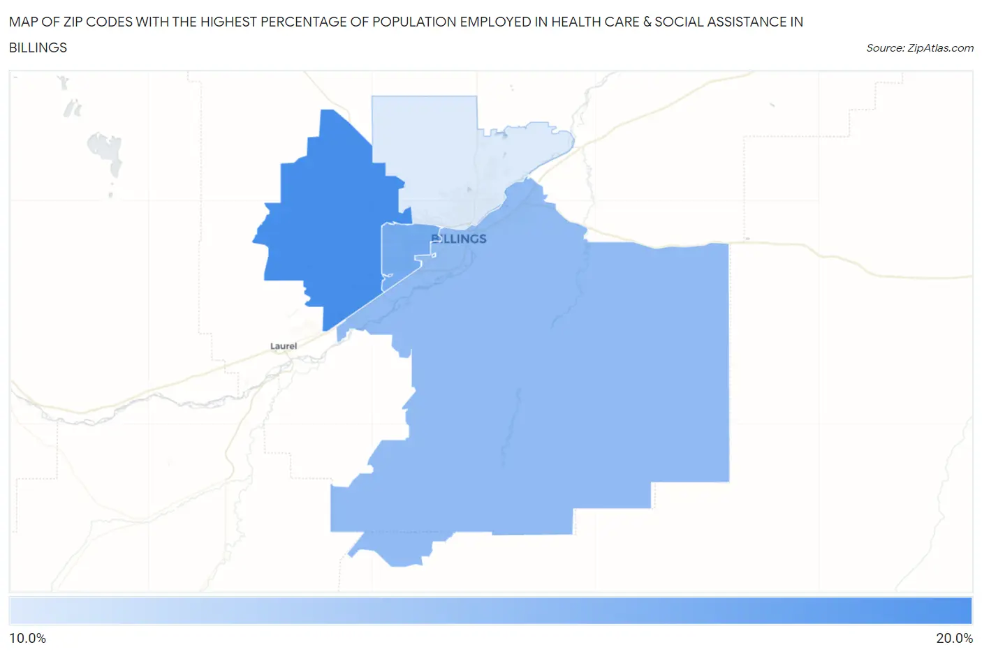 Zip Codes with the Highest Percentage of Population Employed in Health Care & Social Assistance in Billings Map