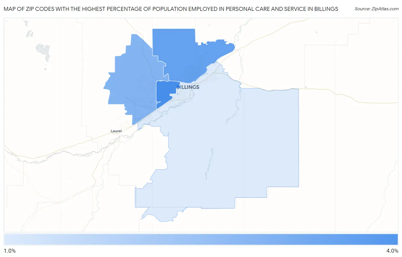 Zip Codes with the Highest Percentage of Population Employed in Personal Care and Service in Billings Map
