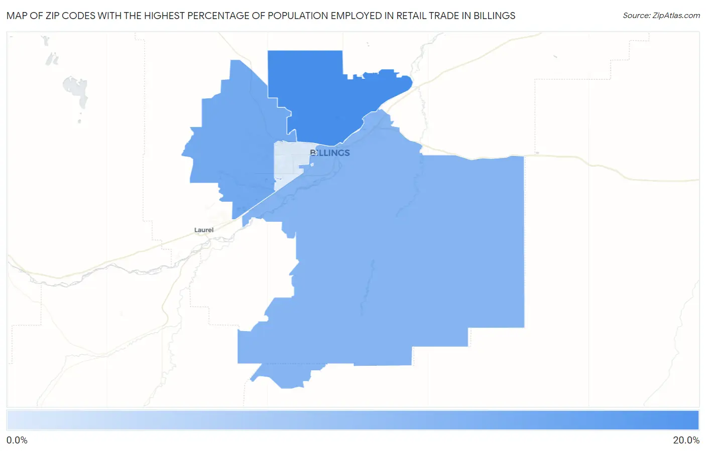 Zip Codes with the Highest Percentage of Population Employed in Retail Trade in Billings Map
