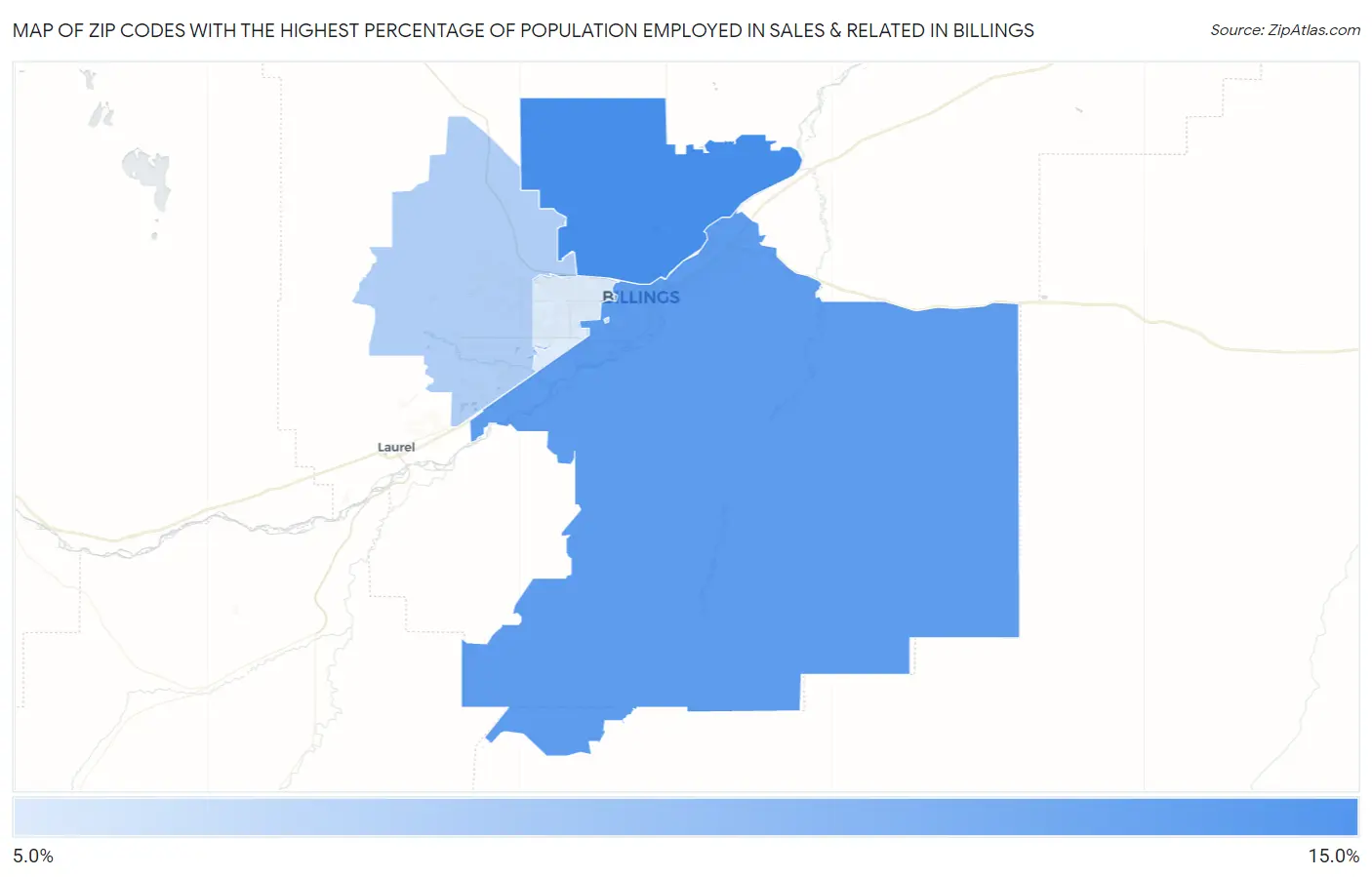 Zip Codes with the Highest Percentage of Population Employed in Sales & Related in Billings Map