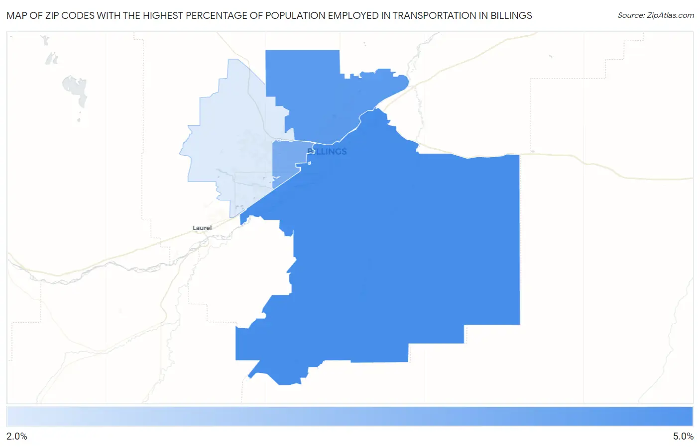 Zip Codes with the Highest Percentage of Population Employed in Transportation in Billings Map