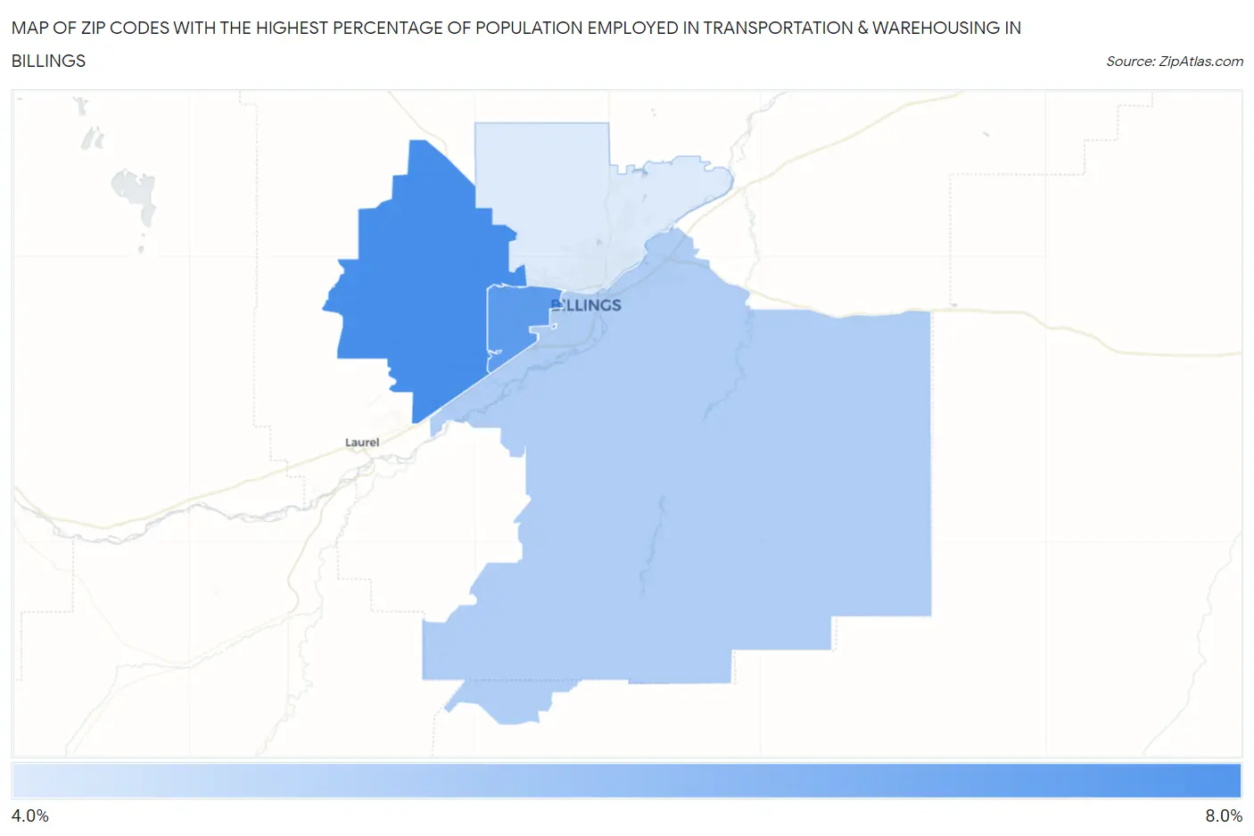 Zip Codes with the Highest Percentage of Population Employed in Transportation & Warehousing in Billings Map