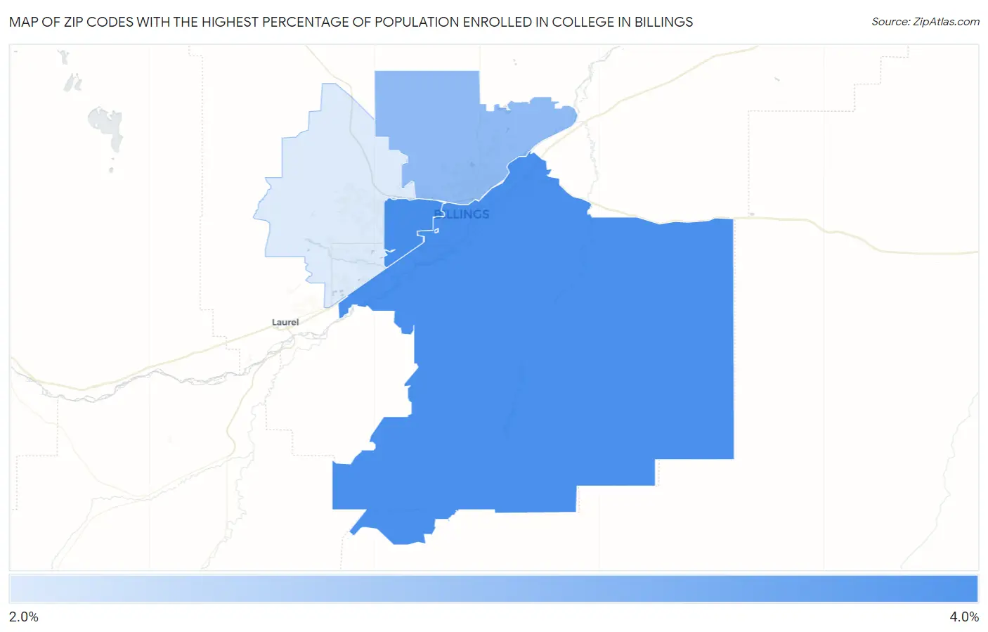 Zip Codes with the Highest Percentage of Population Enrolled in College in Billings Map