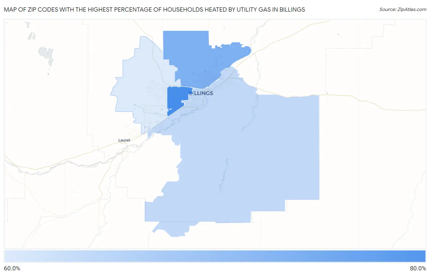 Zip Codes with the Highest Percentage of Households Heated by Utility Gas in Billings Map