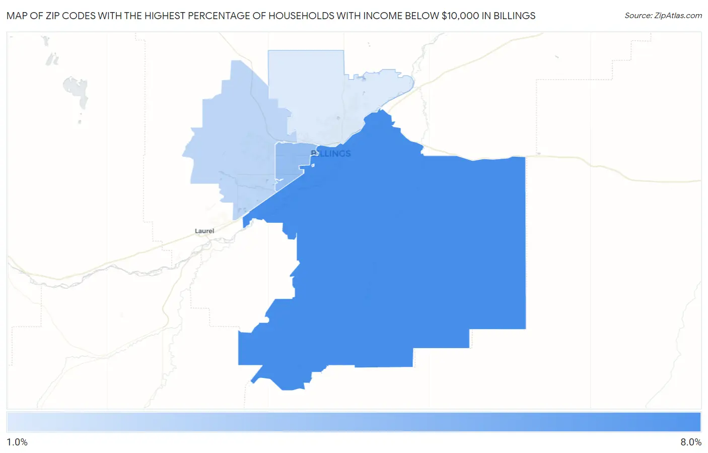 Zip Codes with the Highest Percentage of Households with Income Below $10,000 in Billings Map