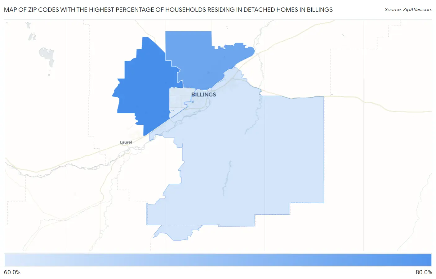 Zip Codes with the Highest Percentage of Households Residing in Detached Homes in Billings Map