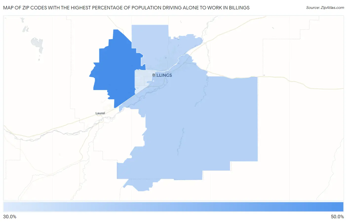 Zip Codes with the Highest Percentage of Population Driving Alone to Work in Billings Map