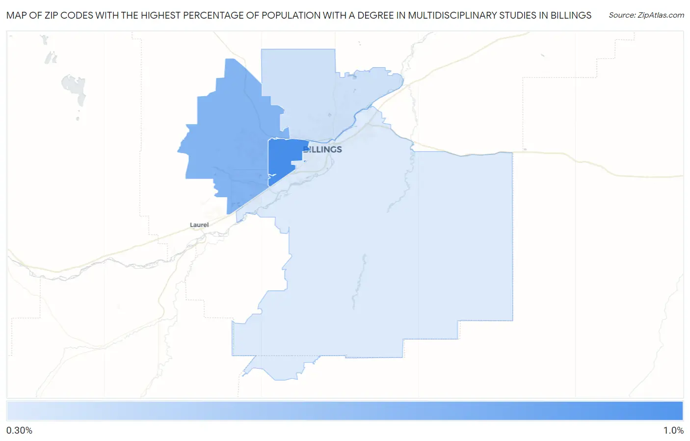 Zip Codes with the Highest Percentage of Population with a Degree in Multidisciplinary Studies in Billings Map