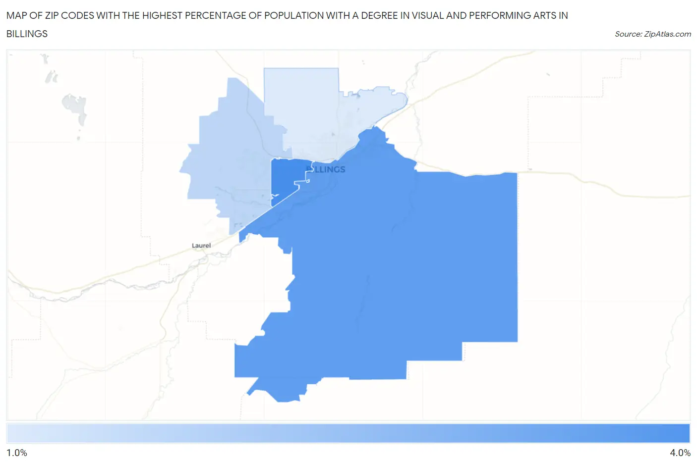Zip Codes with the Highest Percentage of Population with a Degree in Visual and Performing Arts in Billings Map