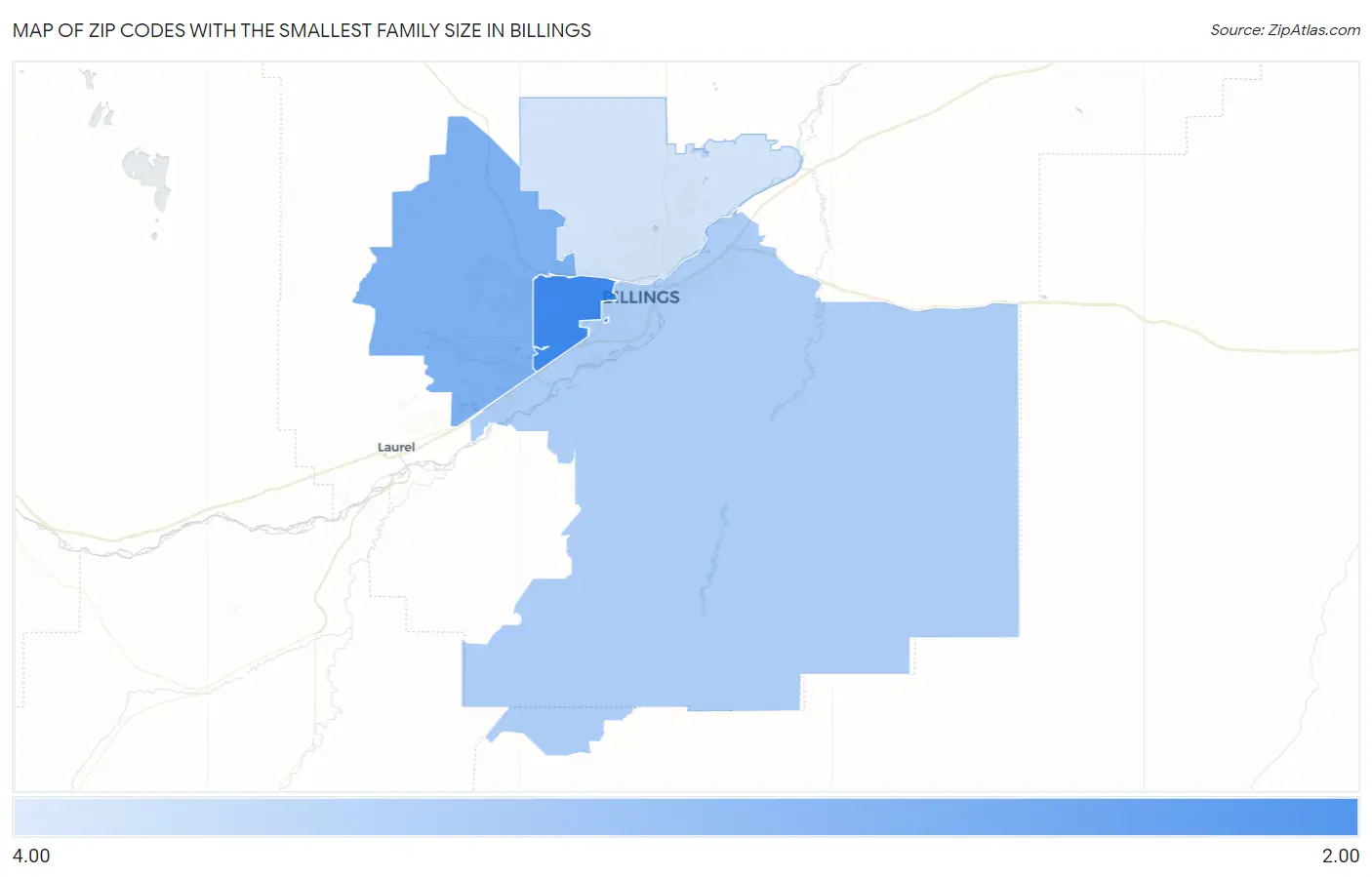 Zip Codes with the Smallest Family Size in Billings Map
