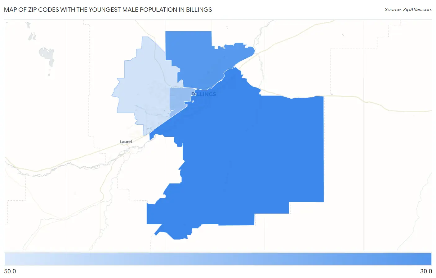 Zip Codes with the Youngest Male Population in Billings Map