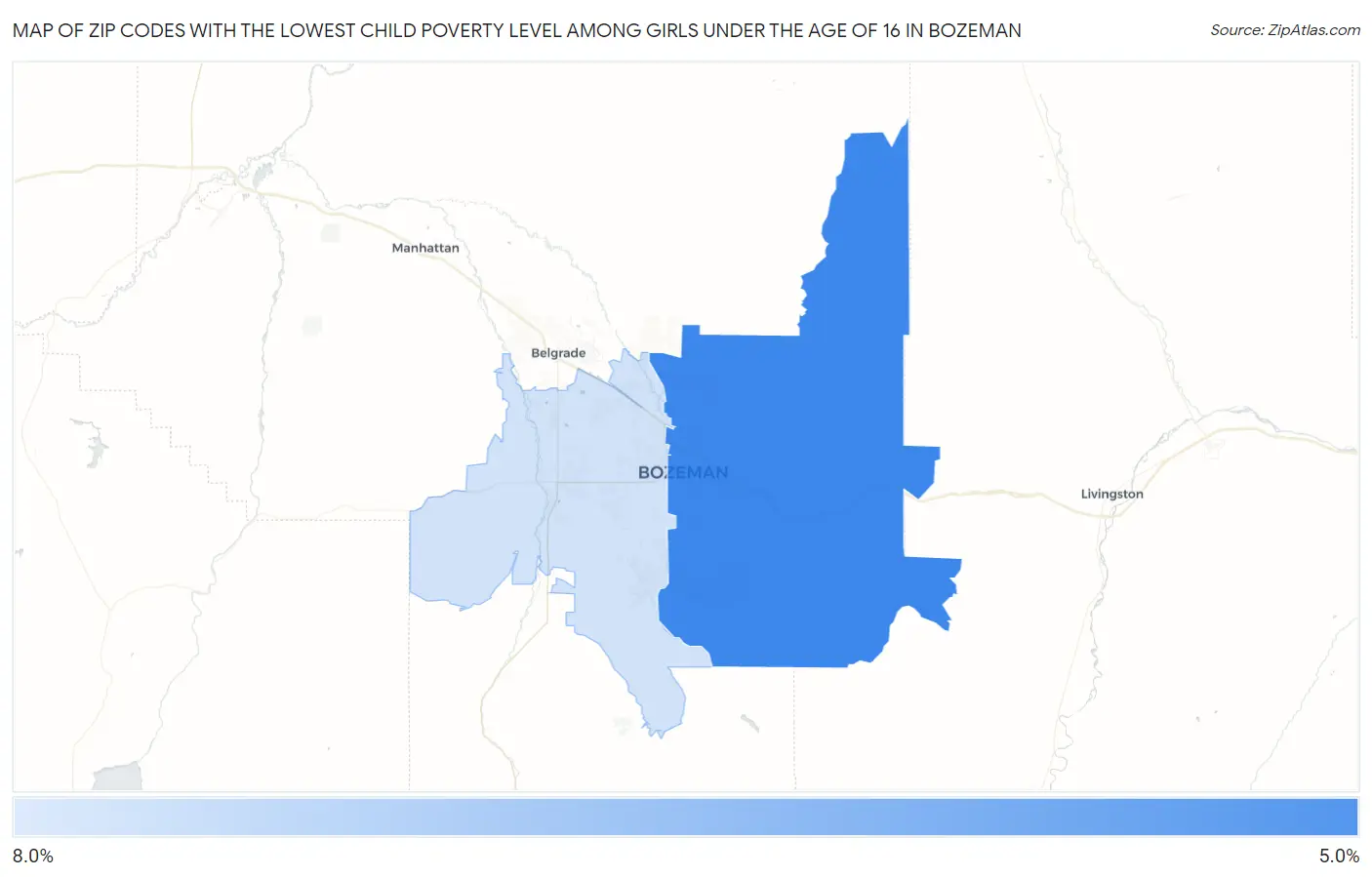 Zip Codes with the Lowest Child Poverty Level Among Girls Under the Age of 16 in Bozeman Map