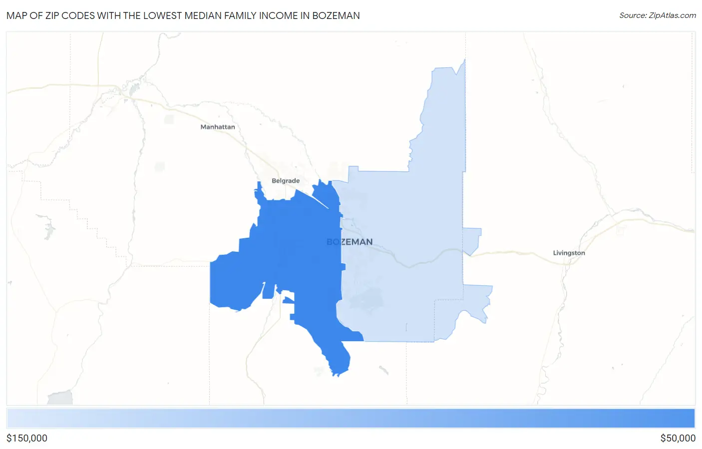 Zip Codes with the Lowest Median Family Income in Bozeman Map