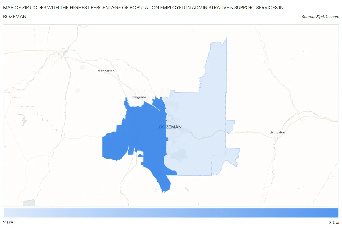 Zip Codes with the Highest Percentage of Population Employed in Administrative & Support Services in Bozeman Map