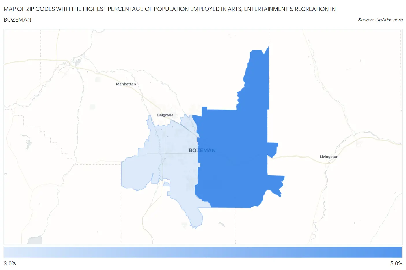 Zip Codes with the Highest Percentage of Population Employed in Arts, Entertainment & Recreation in Bozeman Map