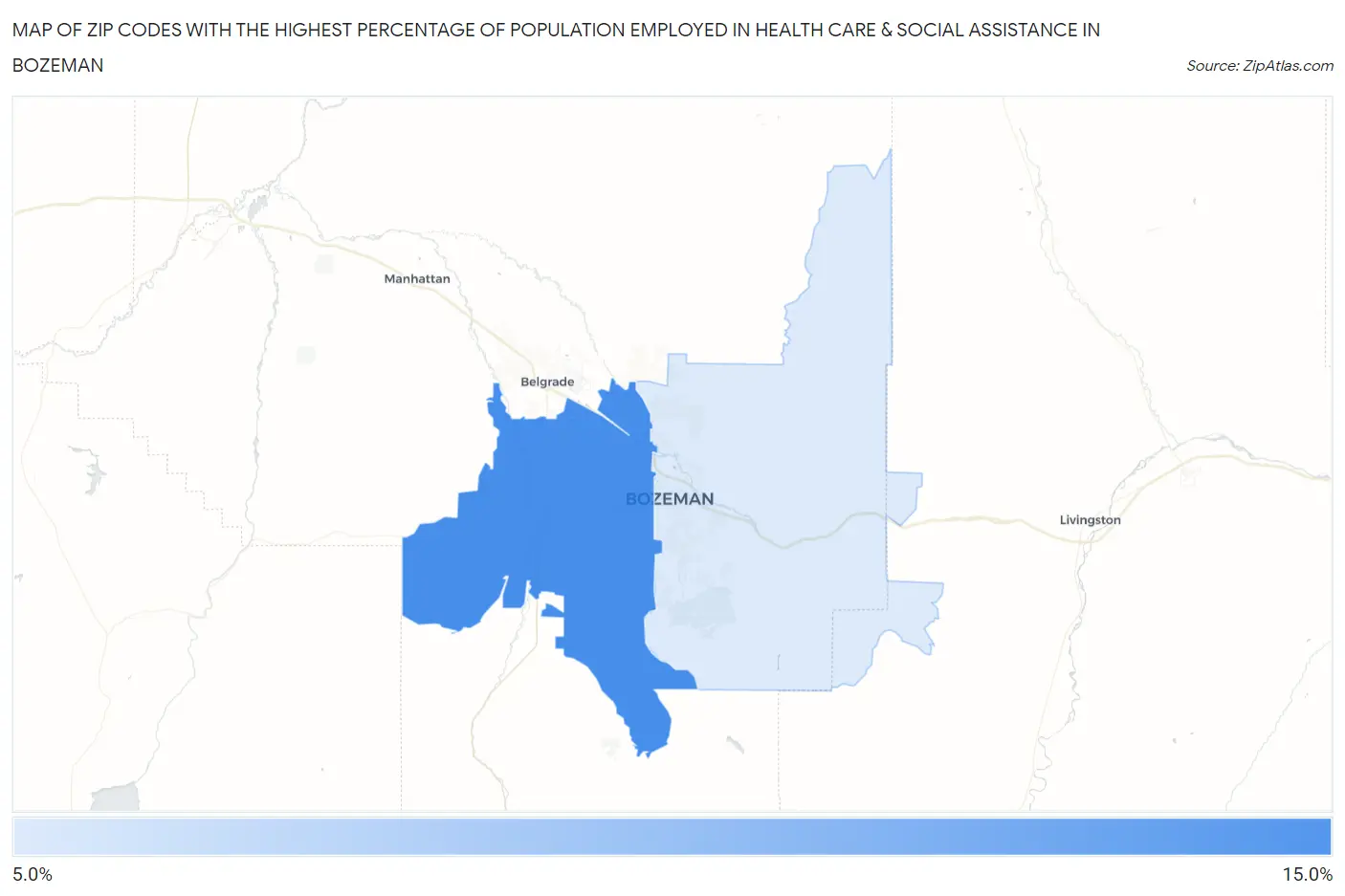 Zip Codes with the Highest Percentage of Population Employed in Health Care & Social Assistance in Bozeman Map