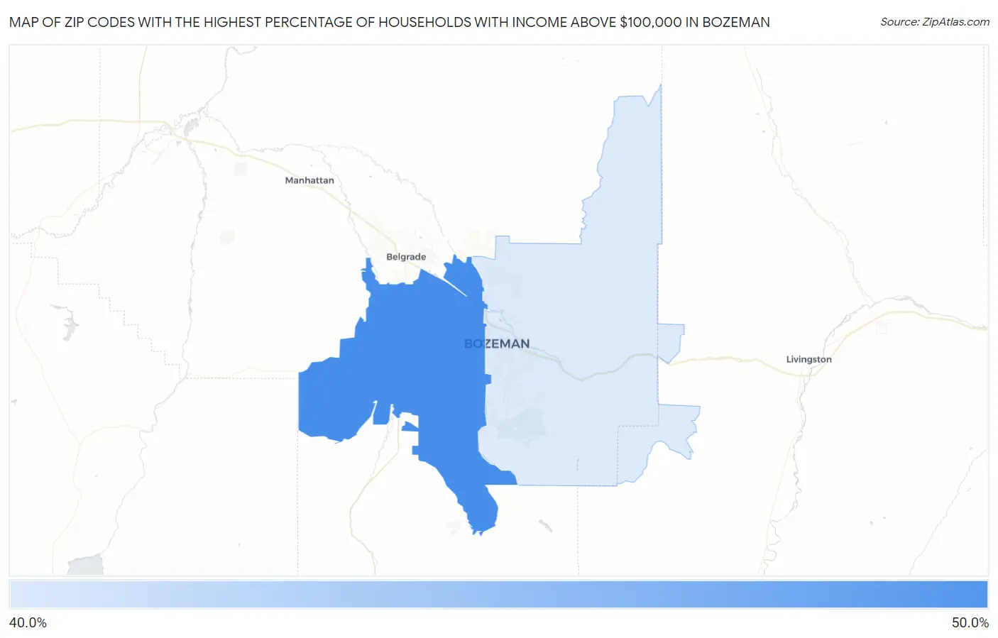 Zip Codes with the Highest Percentage of Households with Income Above $100,000 in Bozeman Map