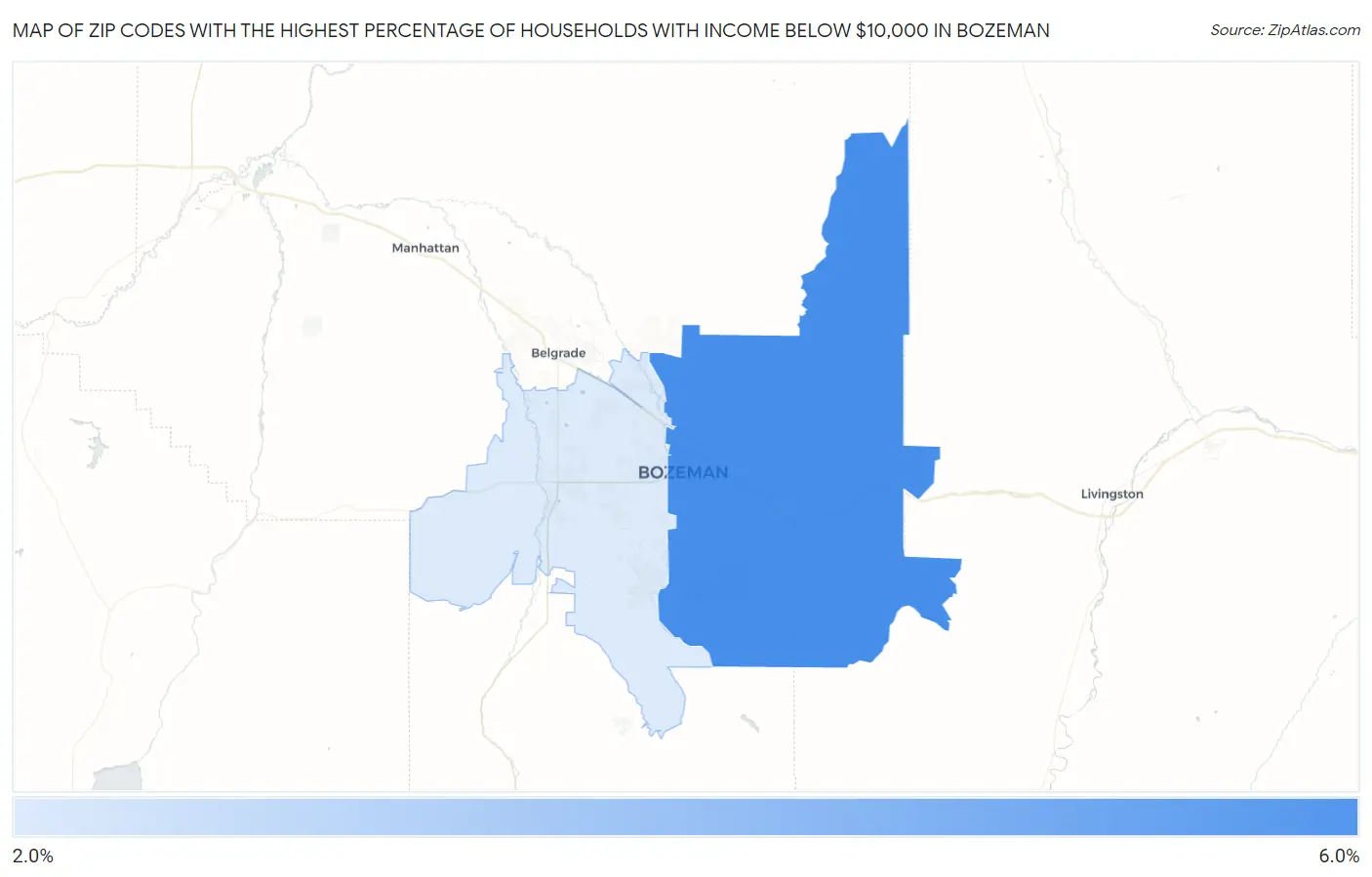 Zip Codes with the Highest Percentage of Households with Income Below $10,000 in Bozeman Map