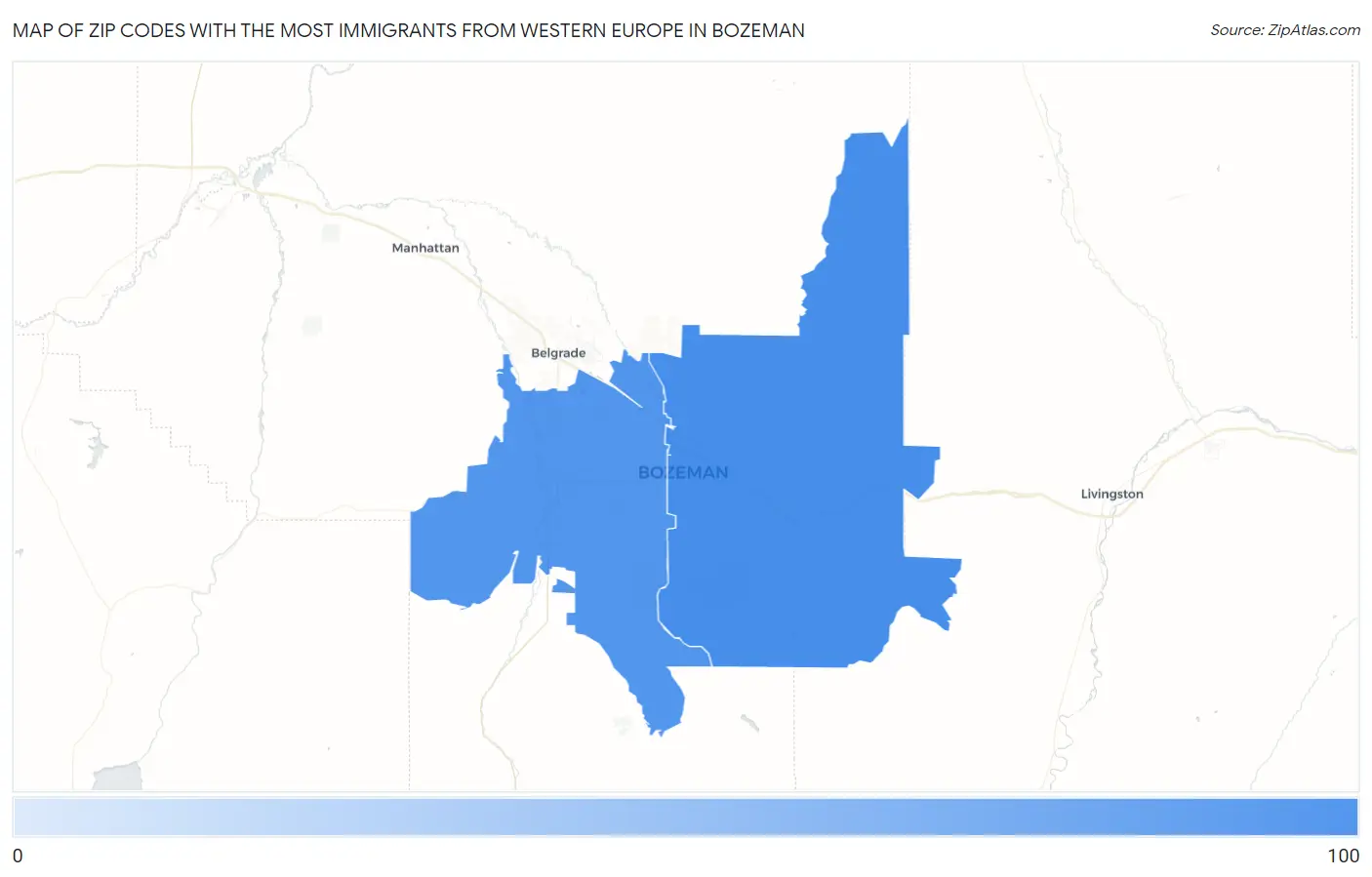 Zip Codes with the Most Immigrants from Western Europe in Bozeman Map