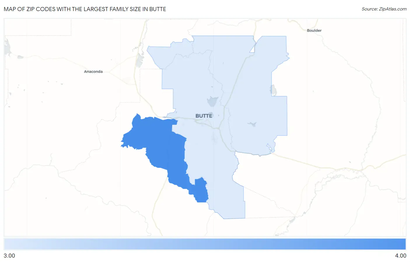Zip Codes with the Largest Family Size in Butte Map