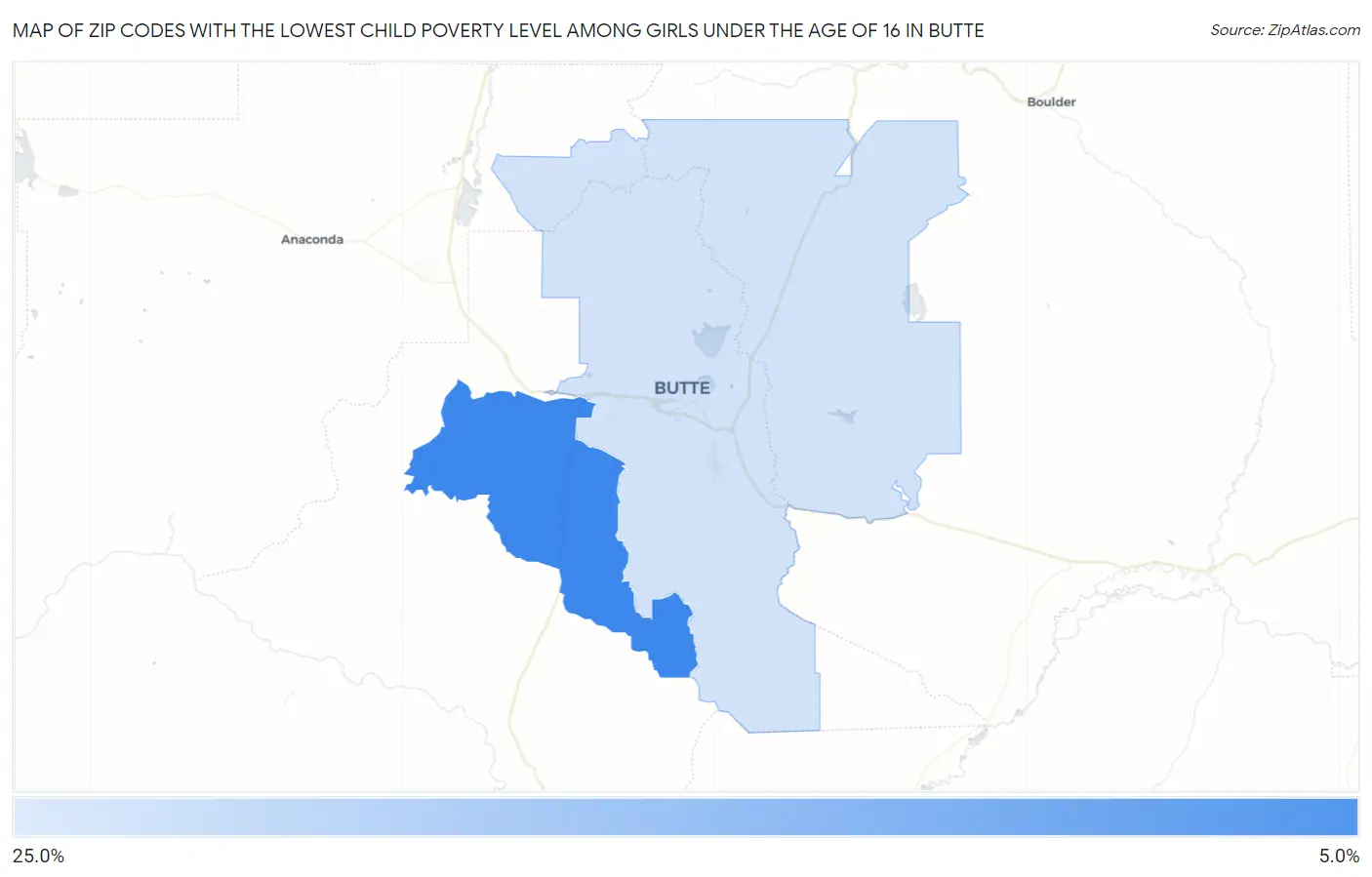 Zip Codes with the Lowest Child Poverty Level Among Girls Under the Age of 16 in Butte Map