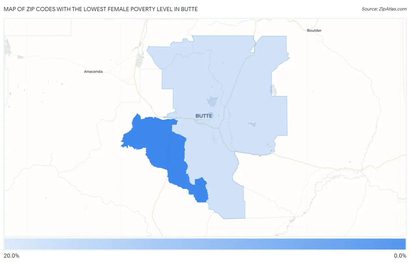Zip Codes with the Lowest Female Poverty Level in Butte Map