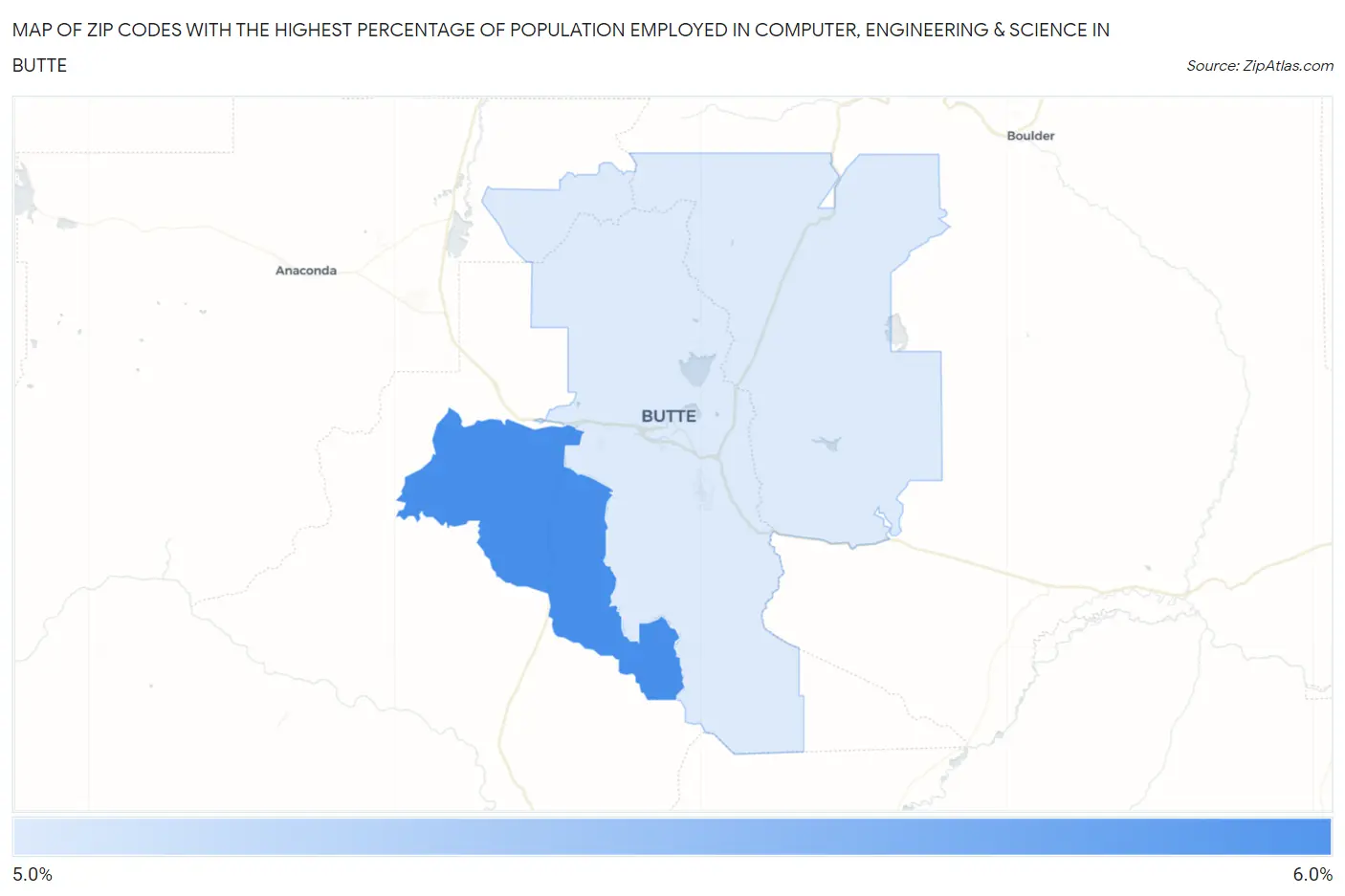 Zip Codes with the Highest Percentage of Population Employed in Computer, Engineering & Science in Butte Map