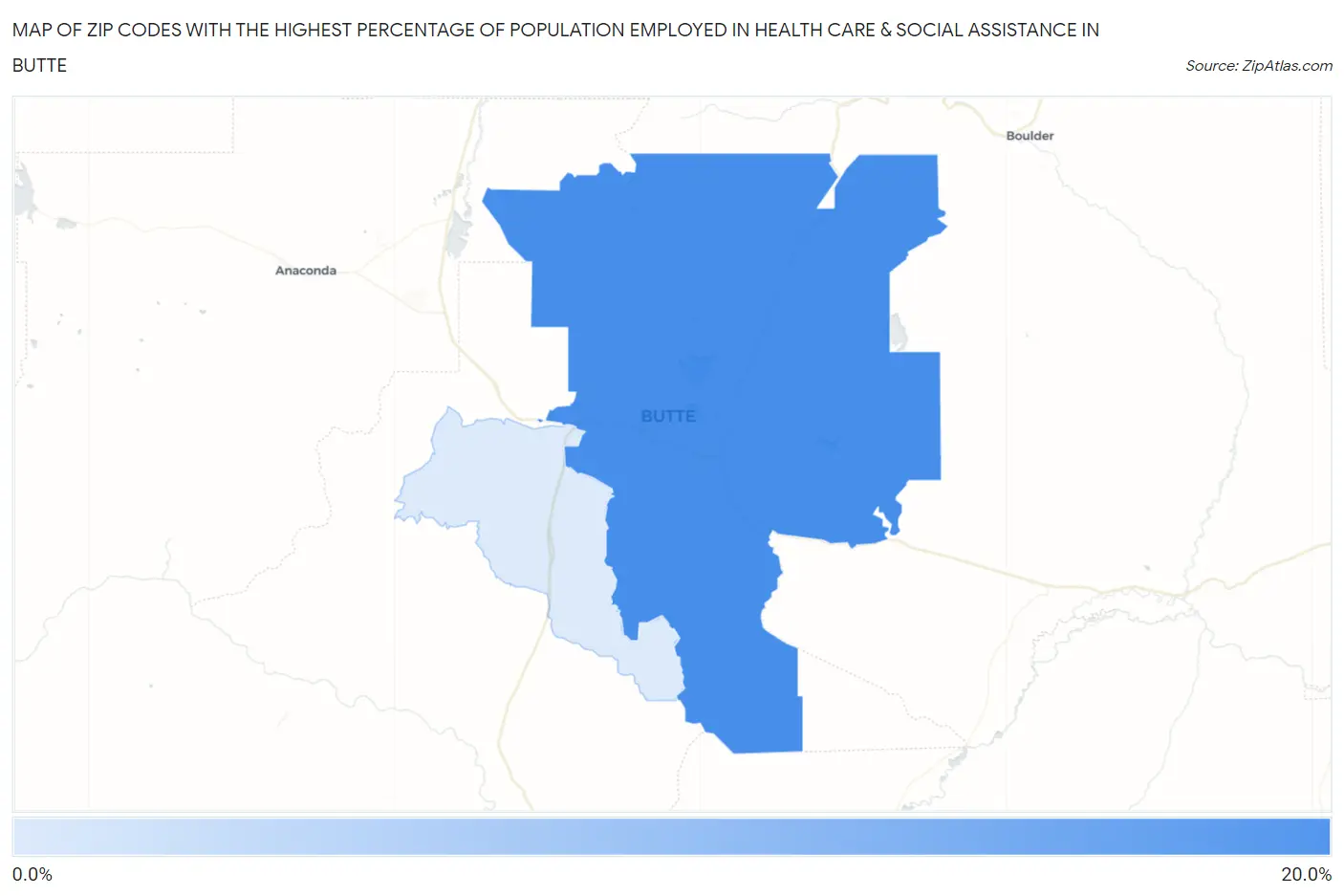 Zip Codes with the Highest Percentage of Population Employed in Health Care & Social Assistance in Butte Map
