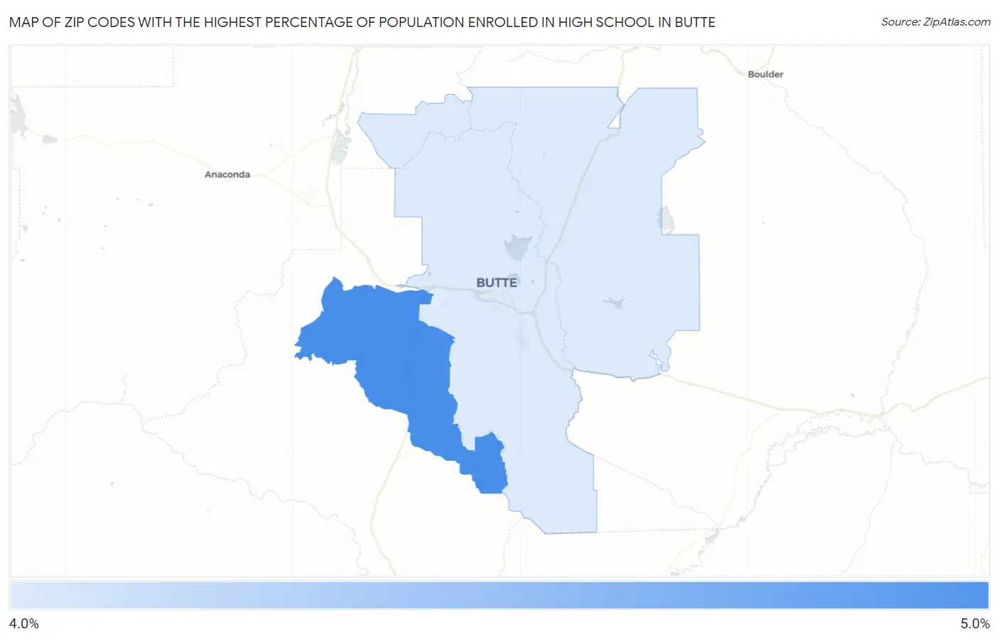 Zip Codes with the Highest Percentage of Population Enrolled in High School in Butte Map