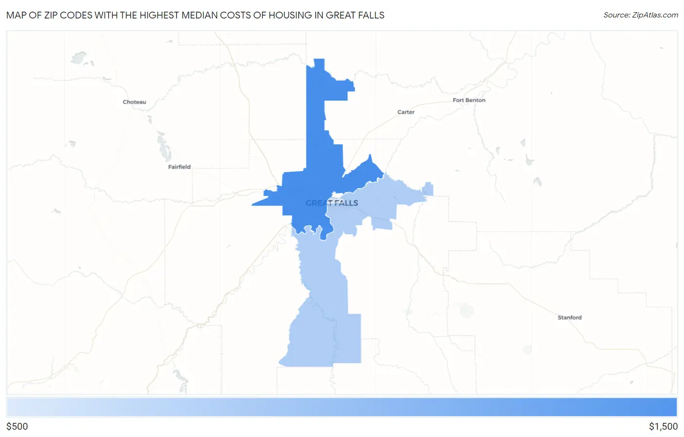 Zip Codes with the Highest Median Costs of Housing in Great Falls Map