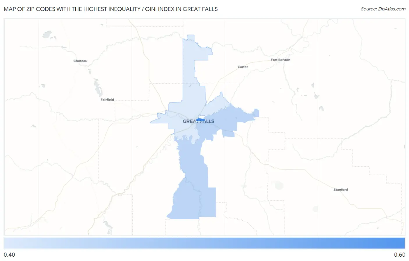 Zip Codes with the Highest Inequality / Gini Index in Great Falls Map