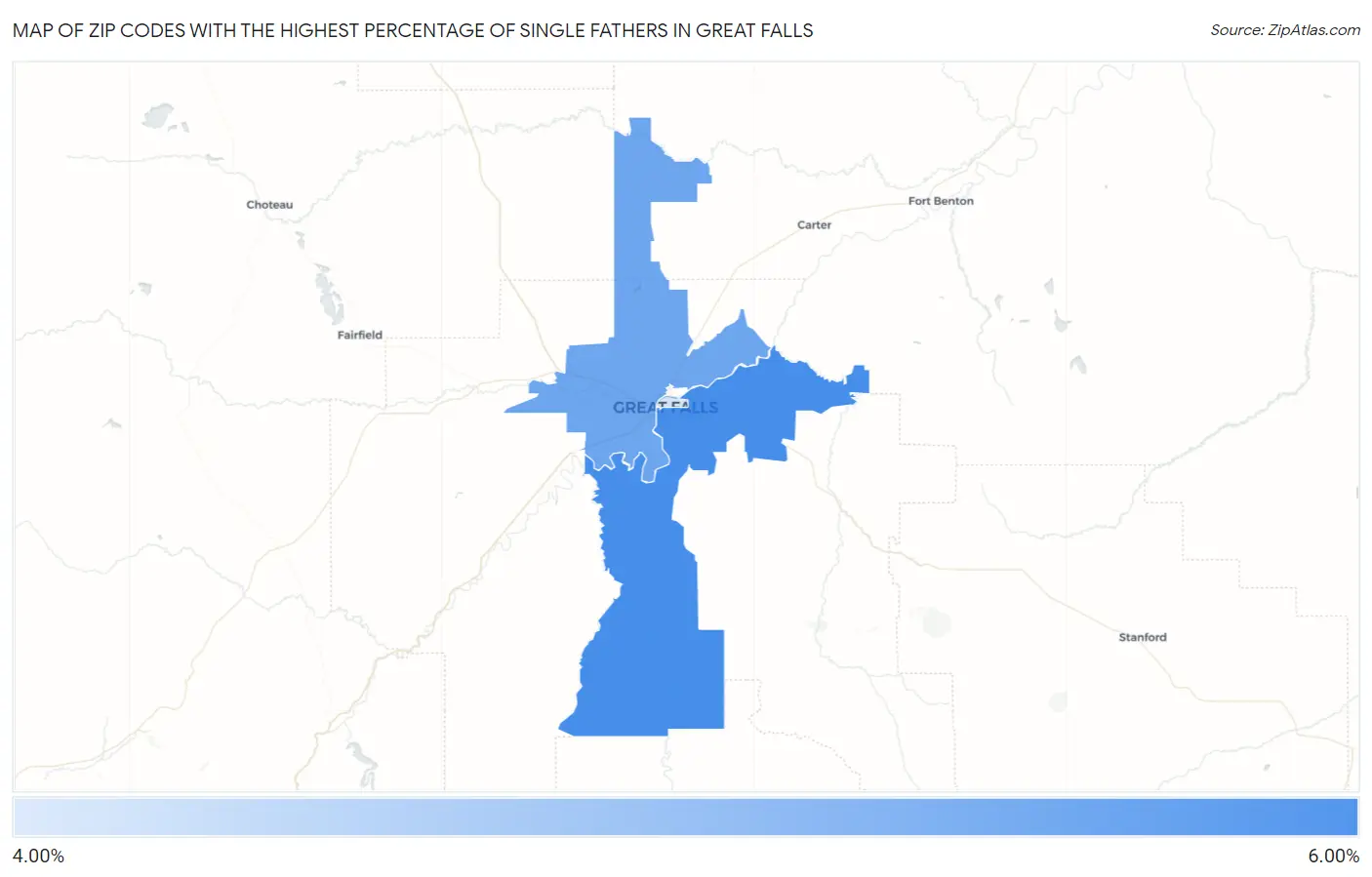 Zip Codes with the Highest Percentage of Single Fathers in Great Falls Map