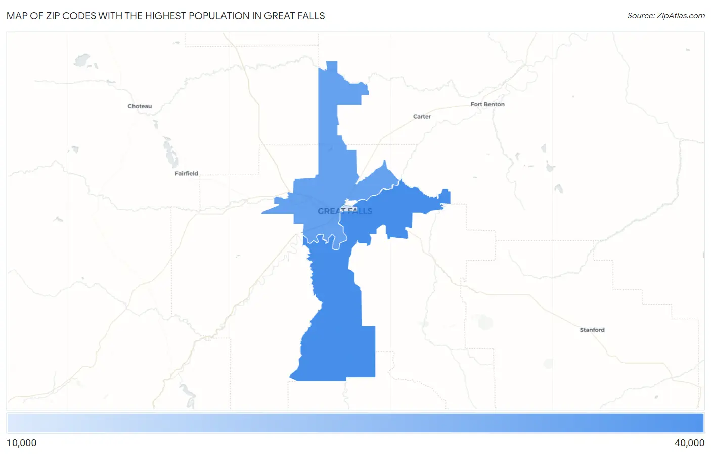 Zip Codes with the Highest Population in Great Falls Map