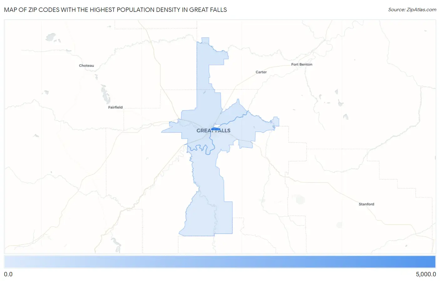 Zip Codes with the Highest Population Density in Great Falls Map