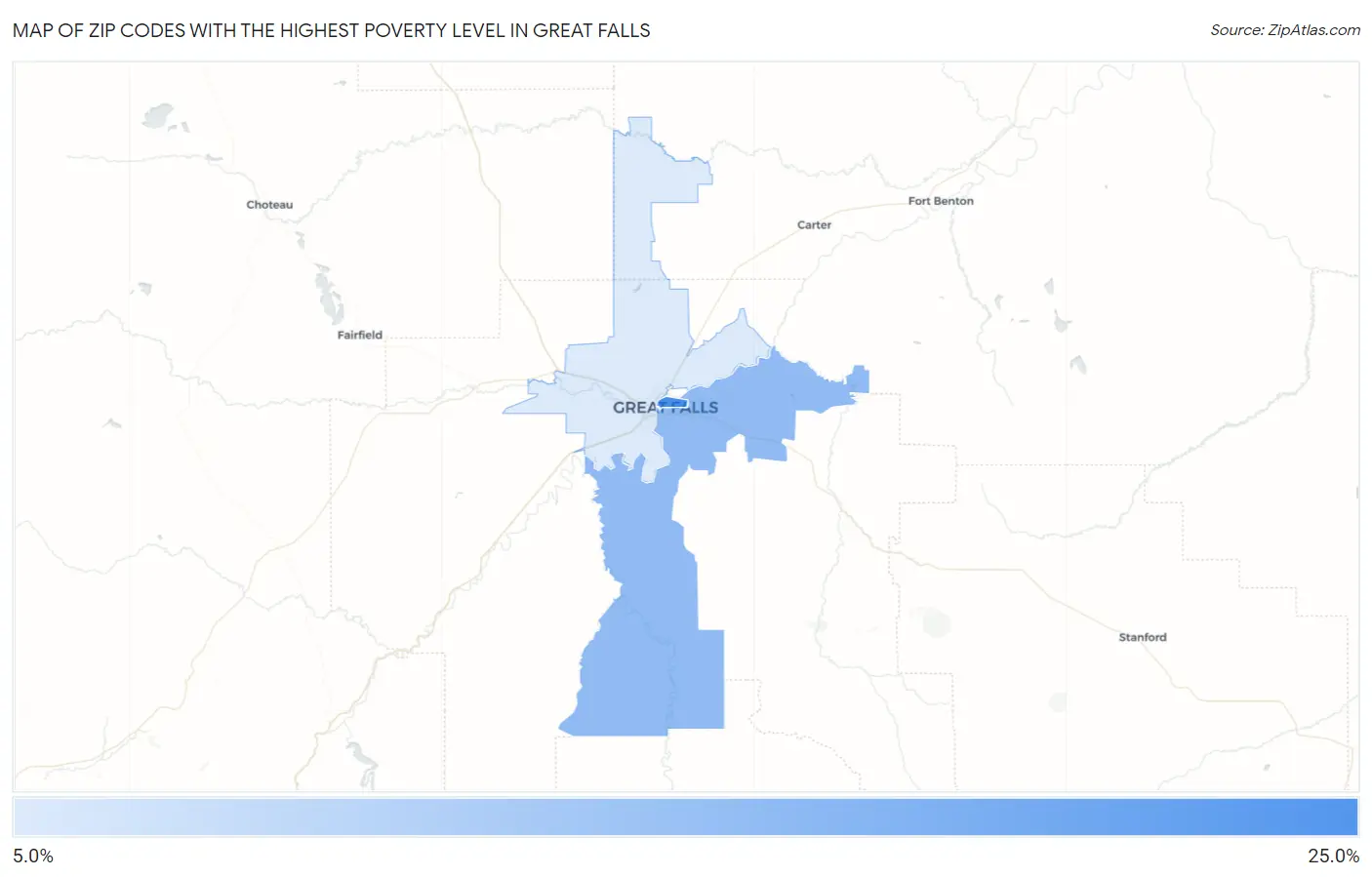 Zip Codes with the Highest Poverty Level in Great Falls Map