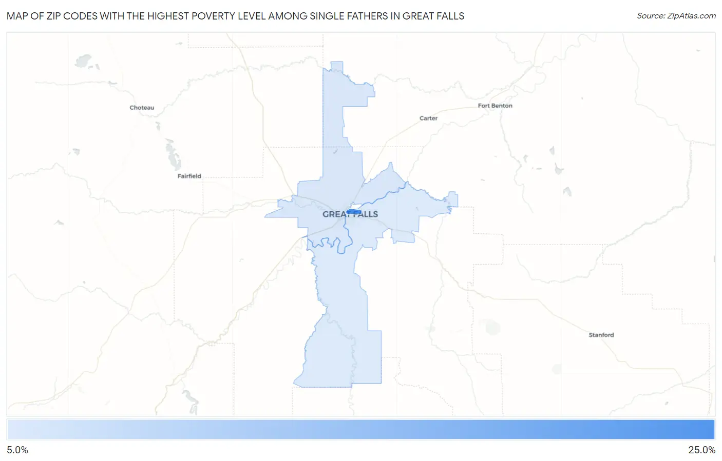 Zip Codes with the Highest Poverty Level Among Single Fathers in Great Falls Map