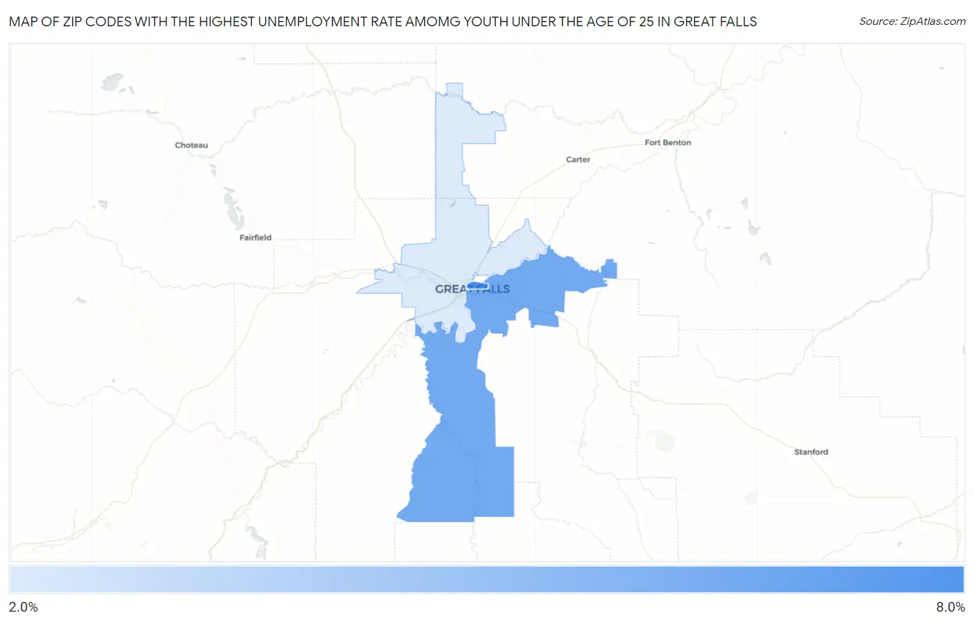 Zip Codes with the Highest Unemployment Rate Amomg Youth Under the Age of 25 in Great Falls Map