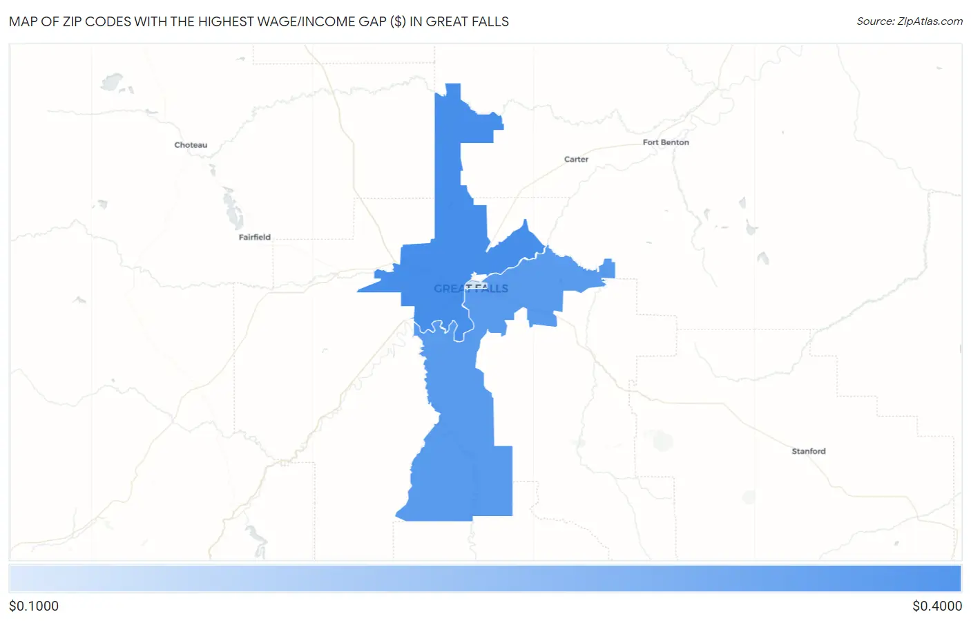 Zip Codes with the Highest Wage/Income Gap ($) in Great Falls Map